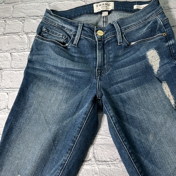Frame Denim Jeans Women 25 Le Skinny de Jeanne Mid Rise distressed Blue Med Wash - Picture 13 of 16